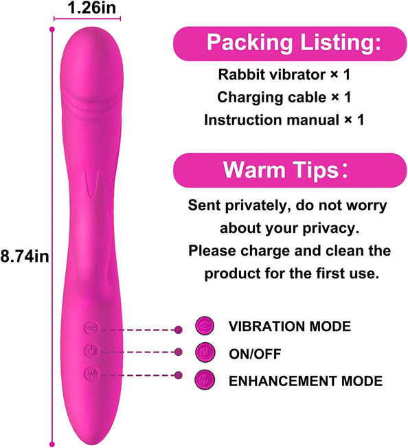 LUGAGA Rabbit Vibrator G Spot Stimulator with Bunny Ears and One-Click Enhancement, Realistic Anal Dildo with 10 Vibrations, Adults Sex Toys for Beginners(Rose Red)